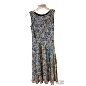 Cynthia Howie Brown & Turquoise Blue Print Silk Flared Sleeveless Midi Dress 4
